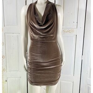 TART Neiman Marcus Chocolate Velvet Bodycon Dress Med Stretch Ruche Lattice Back